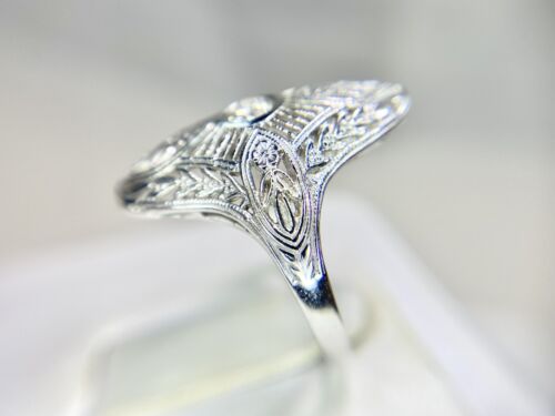 Art Deco 14k White Gold Natural Round Diamond Filigree Small Shield Ring