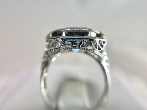 Vintage Art Deco 14k White Gold Emerald Cut Blue Topaz Filigree Cocktail Ring