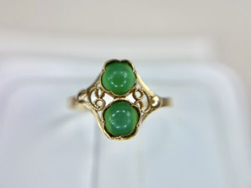 Vintage 14k Rose Gold Round Green Chalcedony Small Bezel Filigree Cocktail Ring