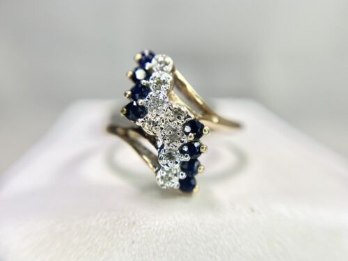 Vintage 10k Yellow Gold Round Blue Sapphire Diamond Small Cocktail Ring