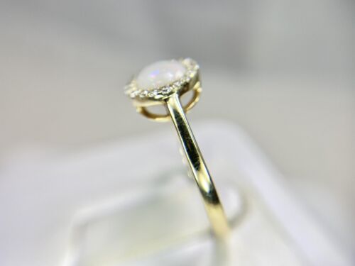 Vintage 14k Yellow Gold Natural Round White Opal Diamond Halo Bezel Set Ring