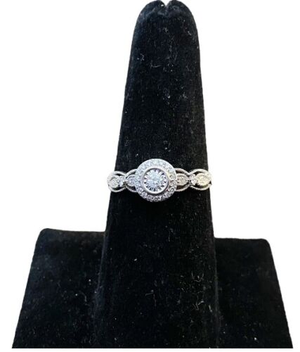 10k White Gold Designer Signed Natural Round Diamond Halo Engagement Ring