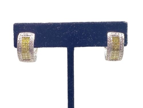 14k White Gold Natural Fancy Yellow Princess Cut Round Diamond Earrings