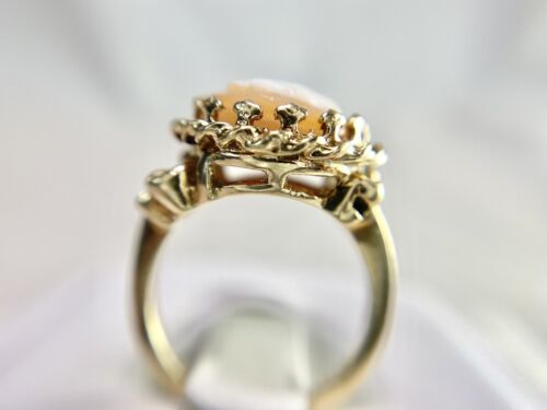 Vintage Art Deco 10k Yellow Gold Oval Pink Lady Cameo Big Cocktail Ring