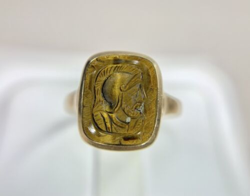 Victorian 10k Rose Gold Hand Carved Tiger Eye Intaglio Ring