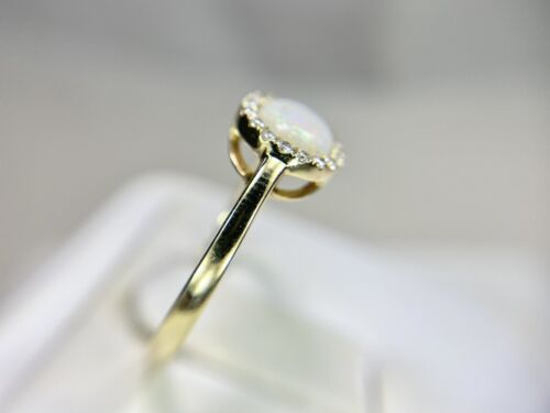 Vintage 14k Yellow Gold Natural Round White Opal Diamond Halo Bezel Set Ring