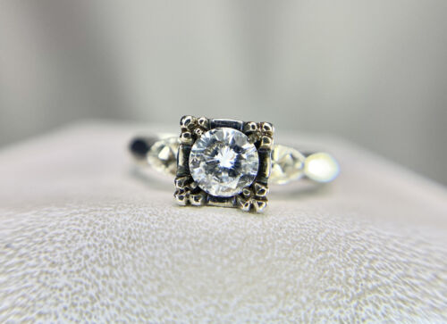 Vintage 14k White Gold Natural Round Brilliant Diamond Solitaire Engagement Ring