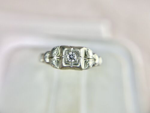 Art Deco 18k White Gold Natural Round Old European Diamond Small Engagement Ring