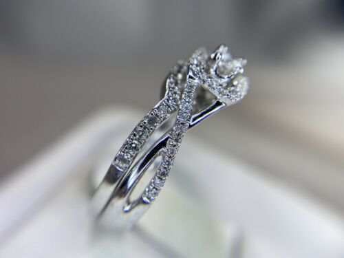 10k White Gold Designer Round Brilliant Diamond Wedding Halo Engagement Ring Set