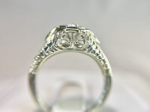 Art Deco 18k White Gold Natural Old European Diamond Filigree Engagement Ring