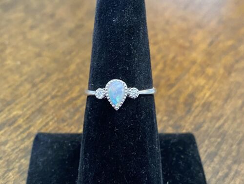 14k White Gold Designer Pear Shape Opal Natural Round Diamond Ring