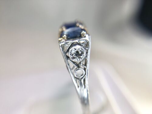 Art Deco Platinum Round Double Blue Sapphire Old European Diamond Filigree Ring