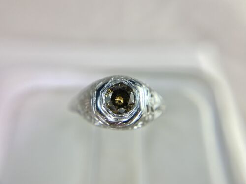 Art Deco 18k White Gold Natural Fancy Brown Color Round Diamond Filigree Ring