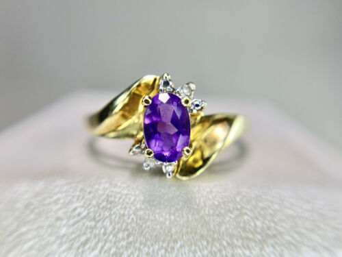 Vintage 10k Yellow Gold Oval Purple Amethyst Round Diamond By-Pass Ring