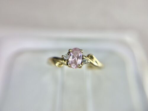 Vintage 10k Yellow Gold Natural Oval Pink Topaz Round Diamond Small Ring