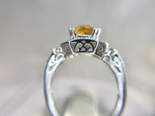 Vintage 14k White Gold Emerald Cut Orange Citrine Round Diamond Cocktail Ring