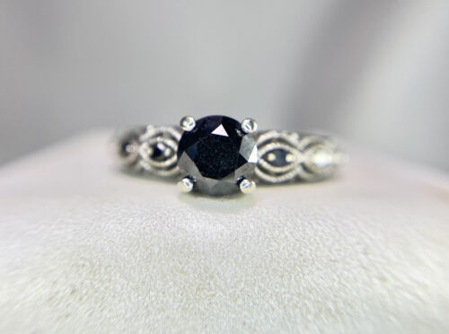 14k White Gold Natural Round Shape Black Color Diamond Engagement Ring 1.25 ct