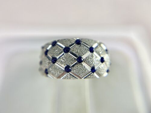 Vintage 14k White Gold Designer Small Round Blue Sapphire Dome Cocktail Ring