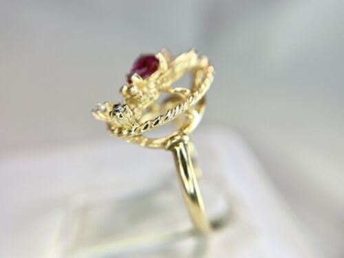 Vintage 14k Yellow Gold Pear Shape Rhodolite Garnet Round Diamond Fly Bug Ring