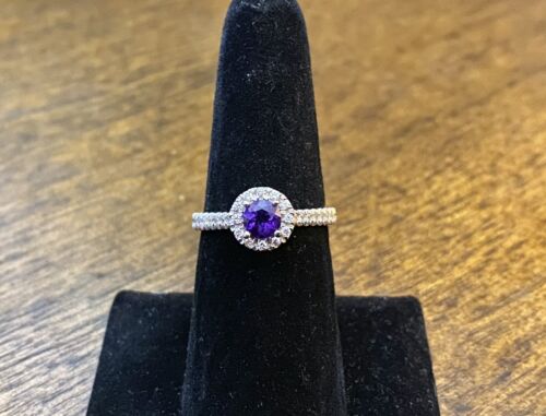 10k White Gold Natural Round Purple Amethyst Diamond Halo Engagement Ring