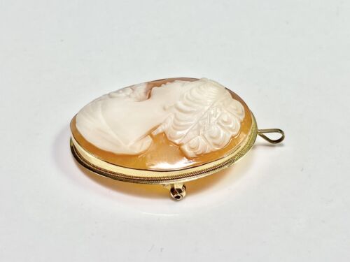 Vintage Art Deco 14k Yellow Gold Oval Shape Pink Lady Cameo Big Pin Pendant