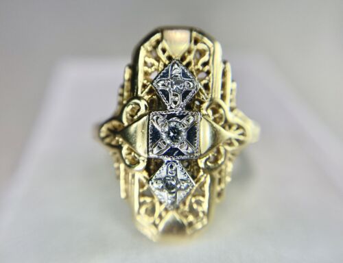 Vintage Art Deco 14k Yellow Gold Natural Round Diamond Filigree Shield Ring