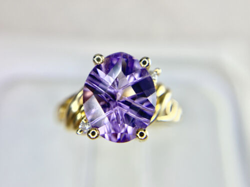 14k Yellow Gold Oval Custom Cut Big Purple Amethyst Round Diamond Ring