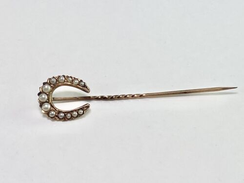 Victorian 10k Yellow Gold White Round Cultured Seed Pearl Horse Shoe Stick Pin