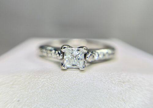 14k White Gold Natural Princess Cut Round Diamond Engagement Ring