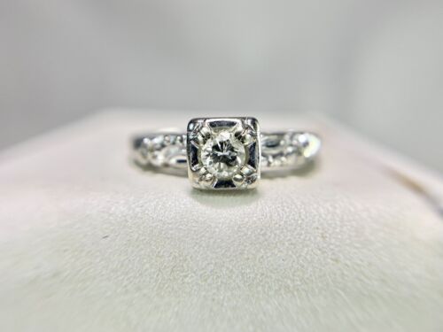 Vintage 14k White Gold Natural Round Brilliant Diamond Small Engagement Ring