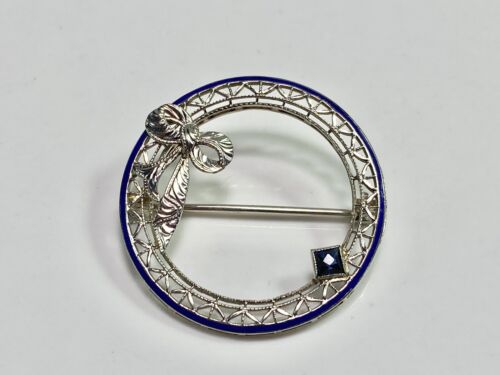 Art Deco 10k White Gold Square Blue Color Sapphire Filigree Ribbon Pin Brooch