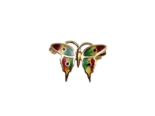 Vintage Art Deco 14k Yellow Gold Colorful Enamel Butterfly Pin