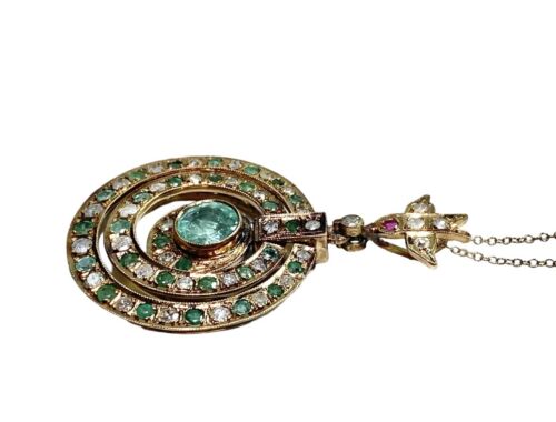 Vintage 14k Rose Gold Natural Green Emerald Round Diamond Pendant Necklace