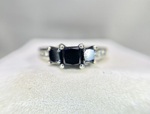 10k White Gold Signed Natural Princess Cut Black Diamond Engagement Ring