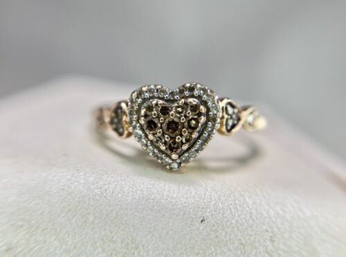 10k Rose Gold Signed Natural Round Fancy Brown Diamond Heart Shape Cocktail Ring