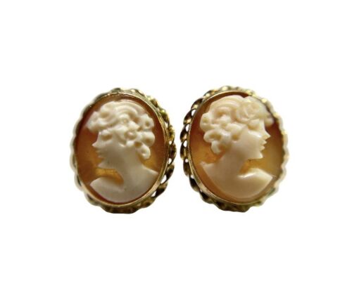 Vintage 14k Yellow Gold Oval Shape Pink Cameo Lady Silhouette Stud Earrings