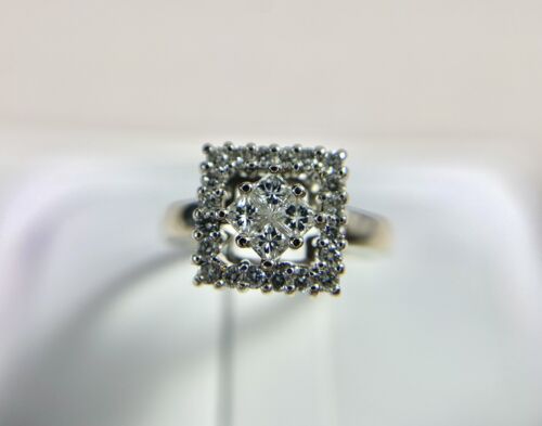 Vintage 14k White Gold Natural Princess Cut Round Diamond Cluster Cocktail Ring