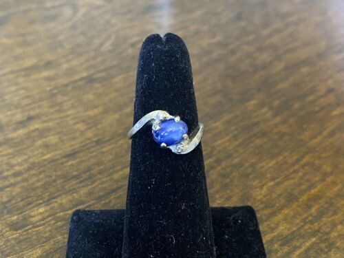 Vintage 14k White Gold Oval Lindy Blue Star Sapphire Round Diamond Bypass Ring