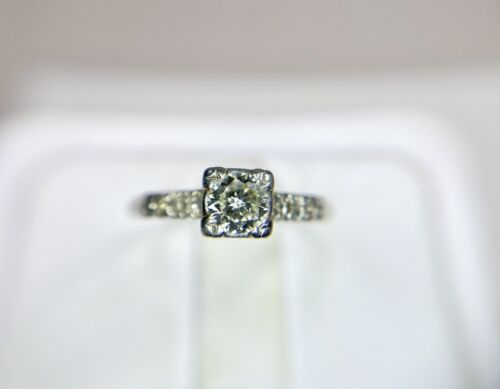 Vintage Art Deco 18k White Gold Natural Old Cut Round Diamond Engagement Ring