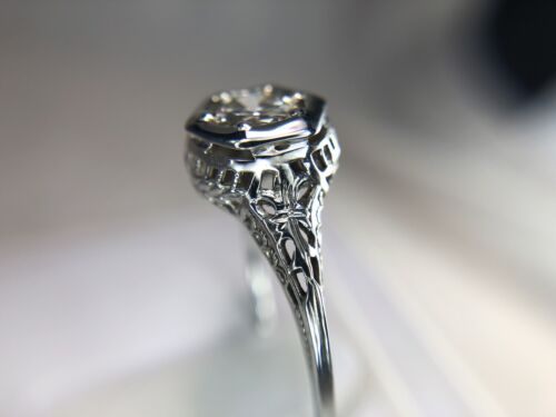 Vintage Art Deco 18k White Gold Old European Diamond Filigree Engagement Ring