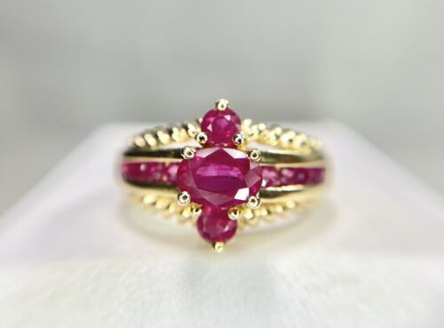 14k Yellow Gold Designer Oval Shape Round Natural Red Ruby Cocktail Ring