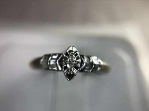 Estate 14k White Gold Marquise Cut Baguette Diamond Small Engagement Ring