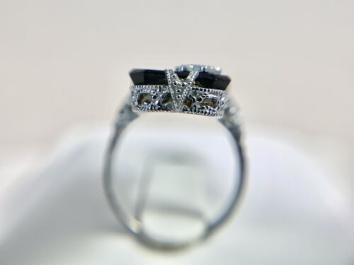 Art Deco 14k White Gold Natural Old European Diamond Black Onyx Filigree Ring