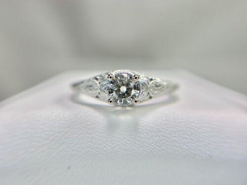 14k White Gold Vintage Style Natural Round Diamond Filigree Engagement Ring