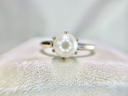 Vintage Retro 14k White Gold Round White Cultured Pearl Classic Solitaire Ring