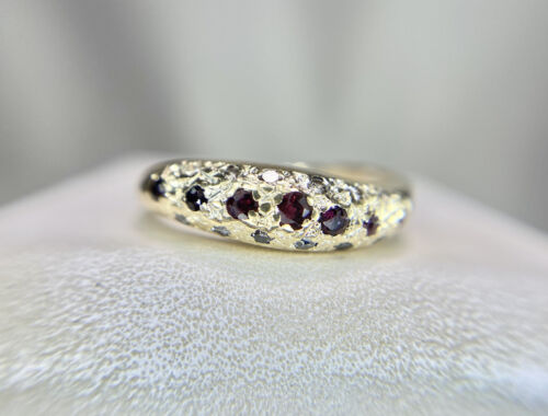 Vintage 14k Yellow Gold Red Ruby Round Diamond Curved Ring Band 1/4 ct