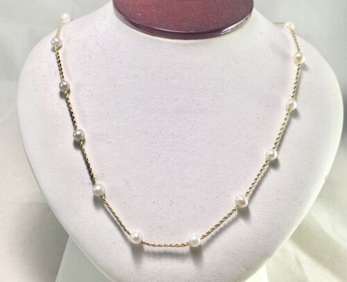 14k Yellow Gold Designer Signed White Round Akoya Pearl By The Yard Necklace