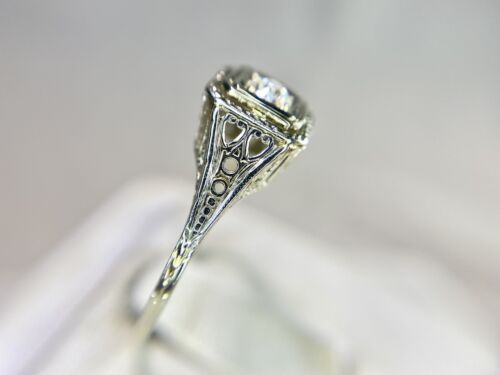 Art Deco 18k White Gold Signed Old European Diamond Filigree Engagement Ring