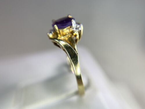 Vintage 10k Yellow Gold Oval Purple Amethyst Round Diamond By-Pass Ring