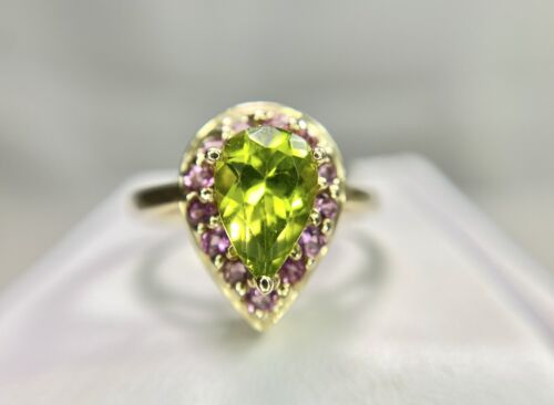 Vintage 14k Yellow Gold Pear Shape Green Peridot Pink Tourmaline Ring